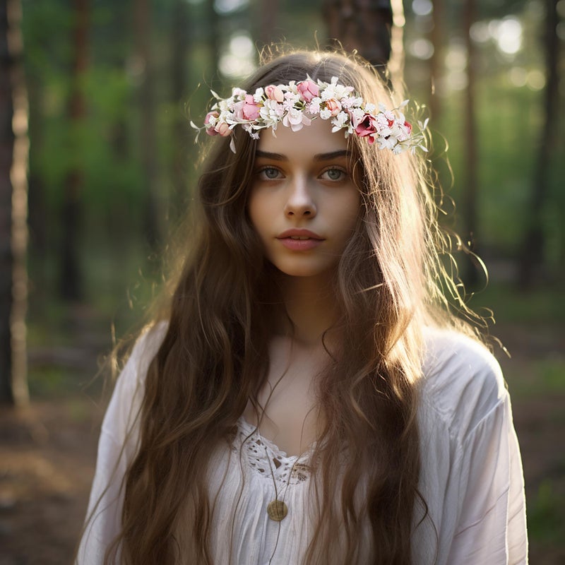Vivivalue Boho Flower Crown Rose Flower Headband Hair Wreath Floral Headpiece Halo with Ribbon Wedding Party Photos Festival - Image 4